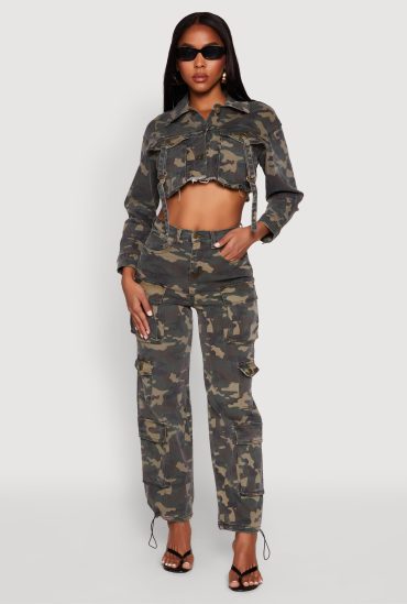 Denim Camouflage Cargo Pocket Drawstring Joggers