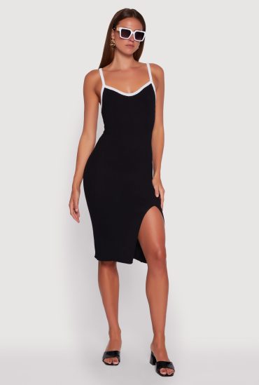 Contrast Trim Front Slit Cami Dress