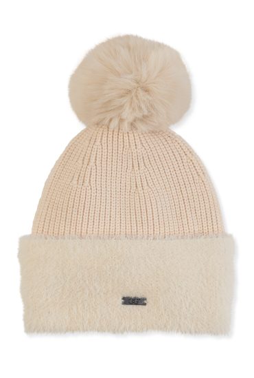 Faux Fur Pom Pom Eyelash Knit Cuff Beanie
