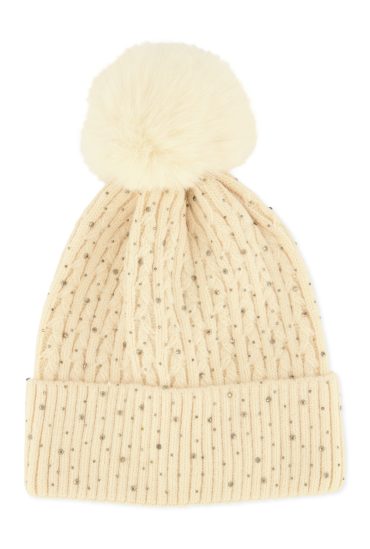 Rhinestone Cable Knit Pom Pom Beanie