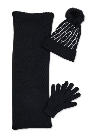 Rhinestone Detail Beanie with Infinity Scarf and Gloves
