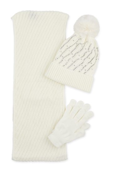 Rhinestone Detail Beanie with Infinity Scarf and Gloves