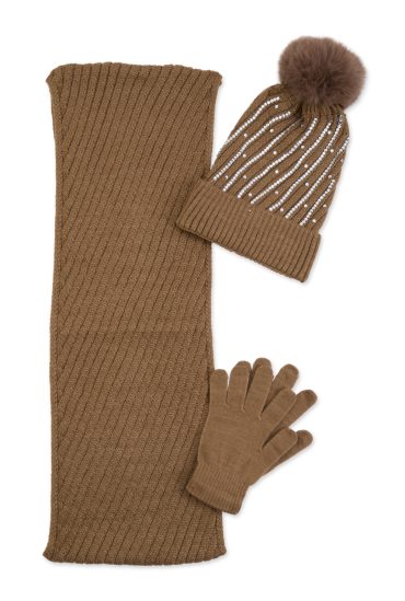Rhinestone Detail Beanie with Infinity Scarf and Gloves