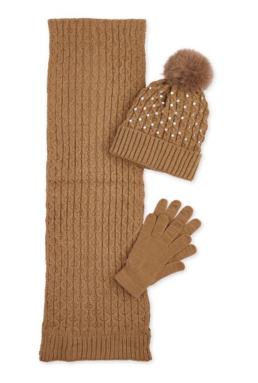 Rhinestone Beanie with Cable Knit Scarf and Gloves