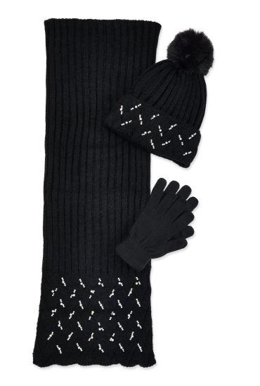 Rhinestone Faux  Pearl Detail Scarf with Beanie and Gloves