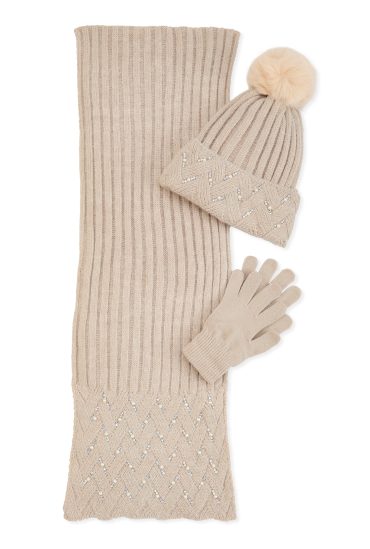 Rhinestone Faux  Pearl Detail Scarf with Beanie and Gloves