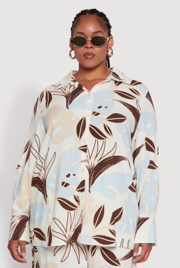 Plus Size Leaf Print Button Front Long Sleeve Shirt