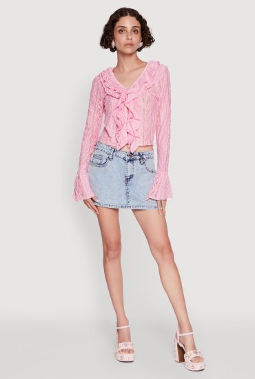 Lace V-Neck Bell Sleeve Button Front Blouse