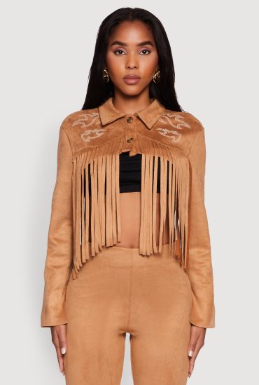Trendy Faux Suede Fringe Cropped Jacket