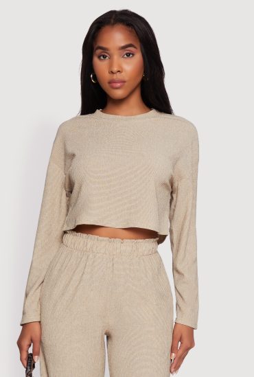 Textured Knit Solid Long Sleeve Crop Top