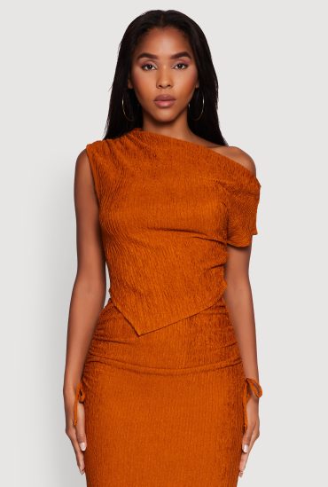 Trendy Solid One Shoulder Textured Knit Blouse