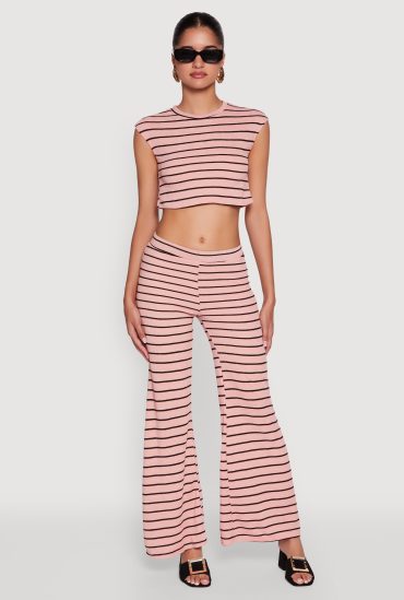 Trendy Striped Brushed Knit Flare Leg Pants