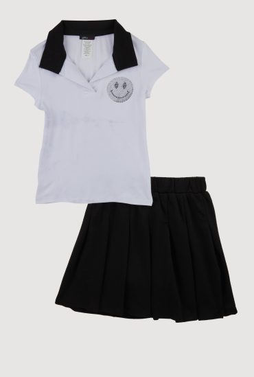 Little Girls Rhinestone Smiley Polo Shirt and Pleated Skirt