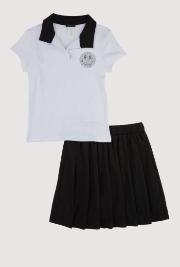 Girls Chic Polo Shirt and Pleated Midi Skirt Set