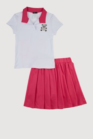 Girls Rhinestone Bear Polo Shirt and Pleated Skirt