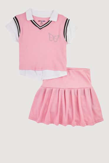 Girls Chic Sweater Vest and Pleated Midi Skirt Set with Rhinestones