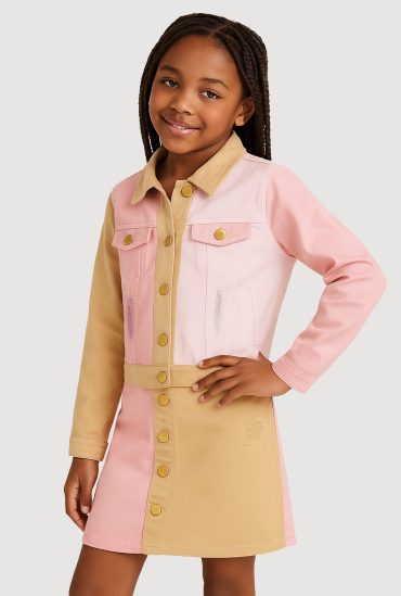 Girls Distressed Frayed Color Block Jean Jacket