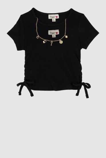 Little Girls Ribbed Knit T-Shirt with Charm Necklace