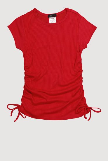 Little Girls Chic Ribbed Knit Short Sleeve Crew Neck Top with Faux Drawstring