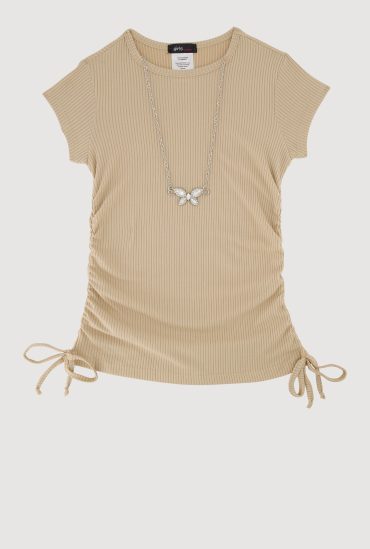Little Girls Ribbed Knit Tee with Rhinestone Butterfly Necklace