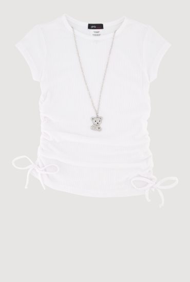 Little Girls Rib Knit Tee with Bear Chain Necklace