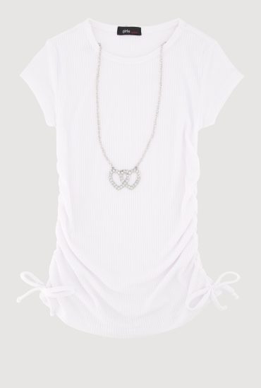 Little Girls Ribbed Knit Tee with Removable Double Heart Necklace