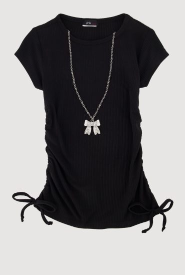 Little Girls Ribbed Knit Tee with Removable Rhinestone Bow Necklace