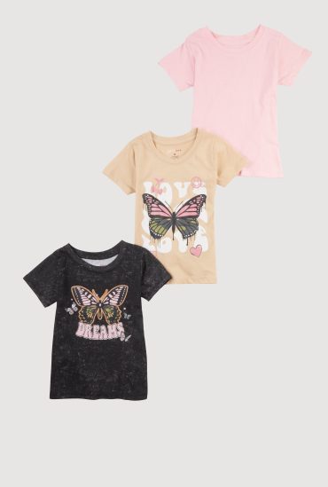 Girls Trendy Glitter Butterfly Graphic Tees 3 Pack
