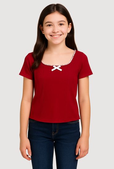 Girls Ribbed Knit Lace Detail Square Neck T-Shirt
