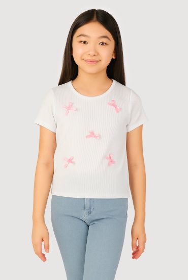 Girls Ribbed Knit Bow Short Sleeve Tee