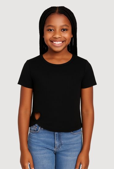 Girls Heart Cut Out Ribbed Knit T-Shirt