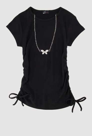 Girls Ribbed Knit Tee with Rhinestone Butterfly Necklace