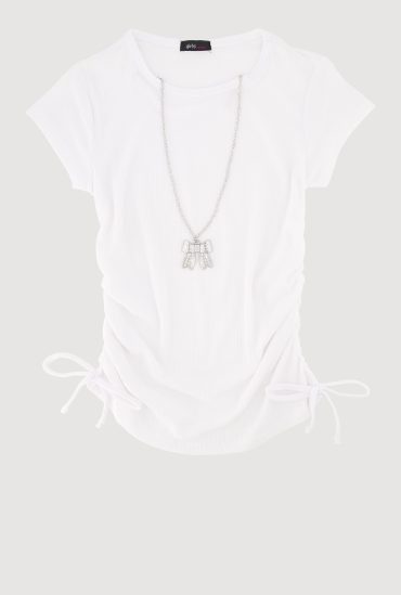 Girls Ribbed Knit Tee with Removable  Rhinestone Bow Necklace