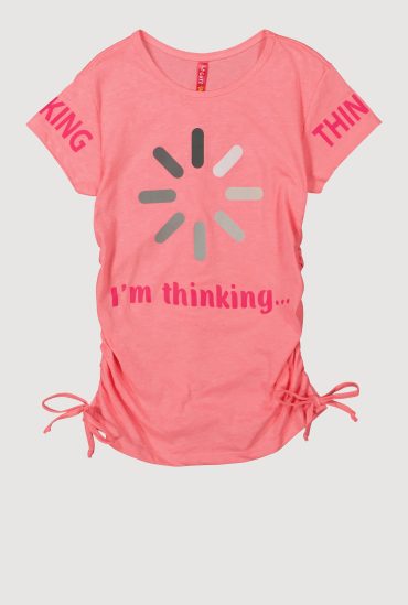 Girls Im Thinking Graphic T Shirt with Faux Drawstring and Ruching