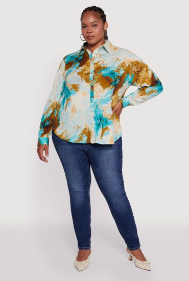 Plus Size Marble Print High Low Button Front Shirt