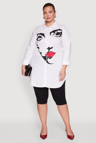 Plus Size Long Sleeve Tunic Shirt with Face Print