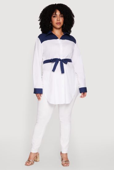Plus Size Color Blocked Tie Waist Belted Tunic Shirt