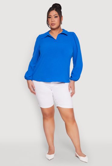 Plus Size Airy Johnny Collar Long Sleeve Top