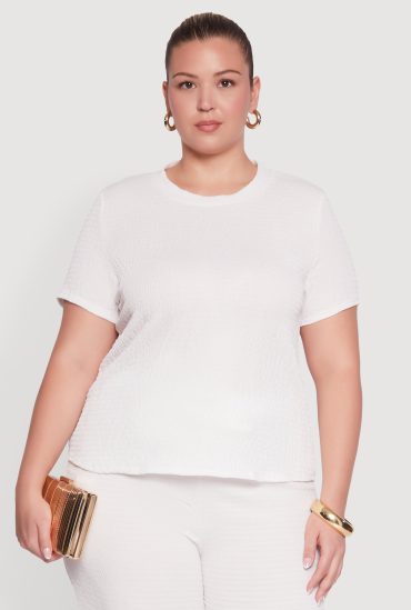 Plus Size Textured Knit Solid Crew Neck Blouse