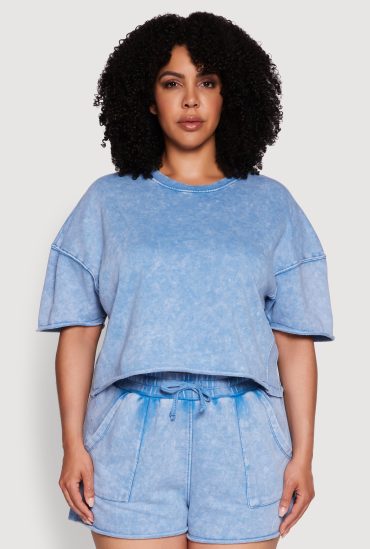 Plus Size Acid Wash Short Sleeve Cropped Sweatshirt