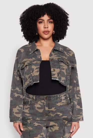 Plus Size Camouflage Cropped Cargo Jacket