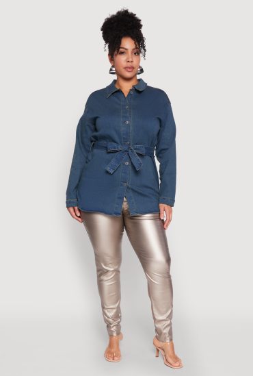 Plus Size Tie Waist Belted Denim Shirt
