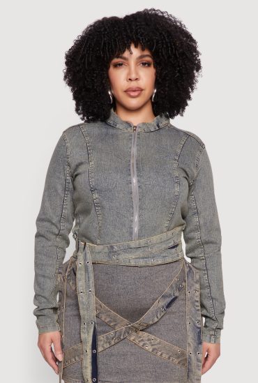 Plus Size Mineral Wash Buckle Strap Jean Jacket