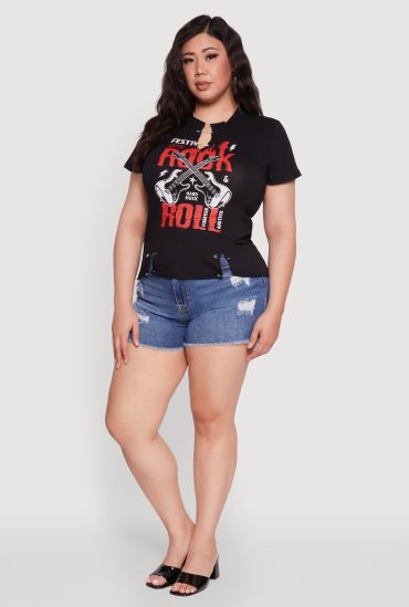 Plus Size Safety Pin Rock and Roll Graphic Notch Neck Tee
