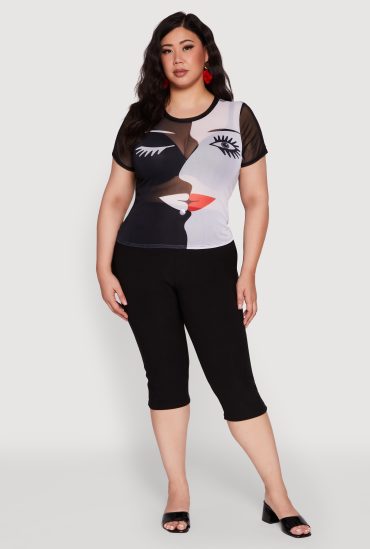 Plus Size Mesh Color Blocked Face Print Top