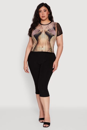 Plus Size Sheer Mesh Illusion Body Print Graphic Top