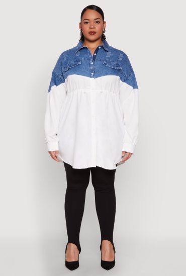 Plus Size Denim Detail Distressed Tunic Shirt