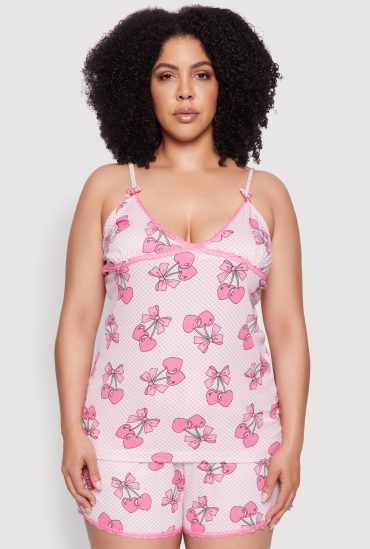 Plus Size Lace Trim Fruit Print Cami and Shorts Pajama Set