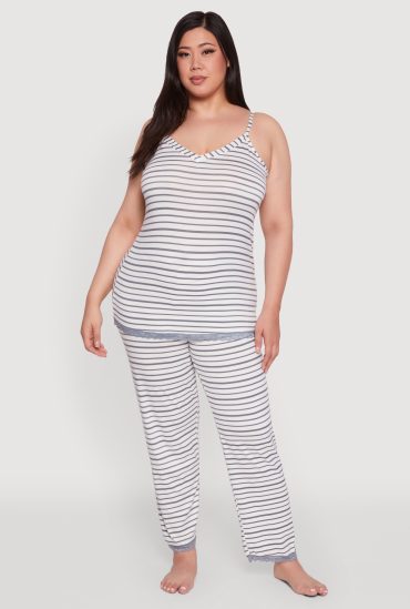 Plus Size Striped Lace Detail Cami Pajama Top and Pants Set