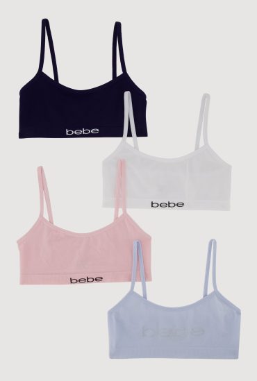 Girls Bebe Rhinestone Graphic Bras 4 Pack